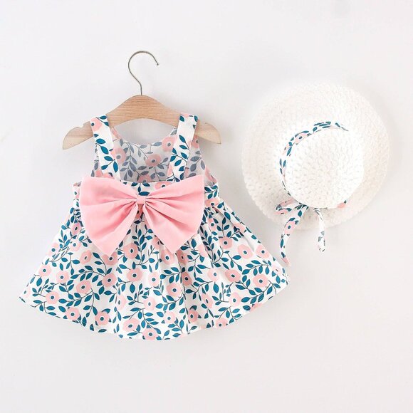 PatPat Other - 2pcs Baby Girl Floral Dress & Hat Set - Pink Sleeveless Bow,‎ Size 3T